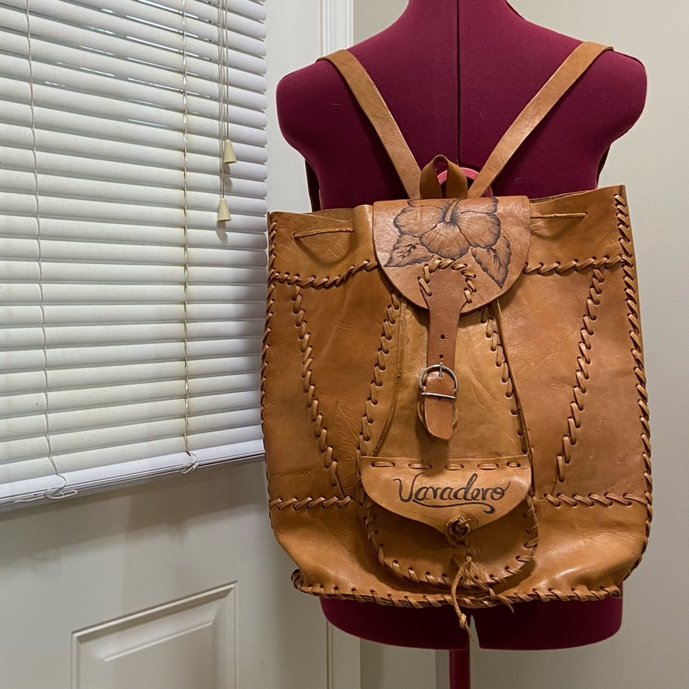 Handmade Varadero hibiscus floral Tan Stitch Leather Backpack.